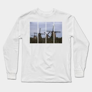 Wonderful landscapes in the Netherlands. Historic dutch windmills in Kinderdijk in a cloudy autumn day. Unesco site. Natural view from distance. Long Sleeve T-Shirt